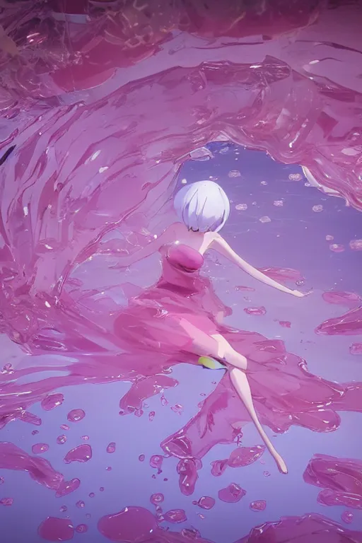 Image similar to 3D CG anime Land of the Lustrous Houseki no Kuni character Ventricosus translucent very pink jelly woman with thick chest size and pink transparent dress frills floating at the bottom of the ocean near the surface, sun rays shine through the water, beautiful composition, 3D render, cel shaded, 8k, key visual, made by Haruko Ichikawa, Makoto Shinkai, studio Ghibli, Kyoto Animation