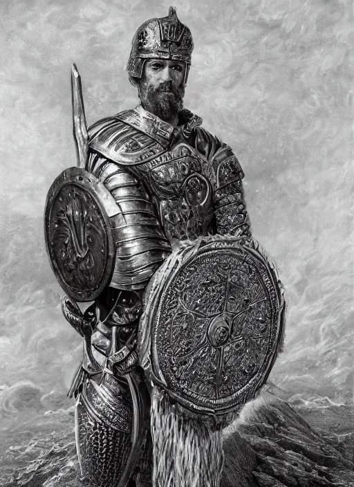 Prompt: highly detailed picture of great greek warrior with a shield, edge of the universe, perfectly symmetrical face, cinematic romantic magical, greek myth, masterpiece, from the book by gene wolfe, highly detailed painting by gustave dore, digital art, trending on artstation, golden ratio, perfect symmetrical, perfect intricate