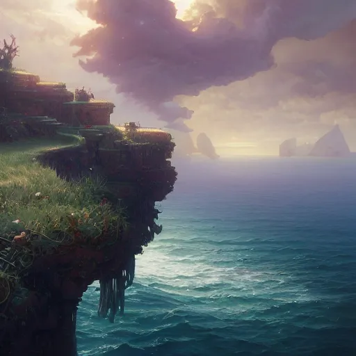 Image similar to epic view to sea with platforms, stephen bliss, unreal engine, fantasy art by greg rutkowski, loish, rhads, ferdinand knab, makoto shinkai and lois van baarle, ilya kuvshinov, rossdraws, tom bagshaw, alphonse mucha, global illumination, radiant light, detailed and intricate environment