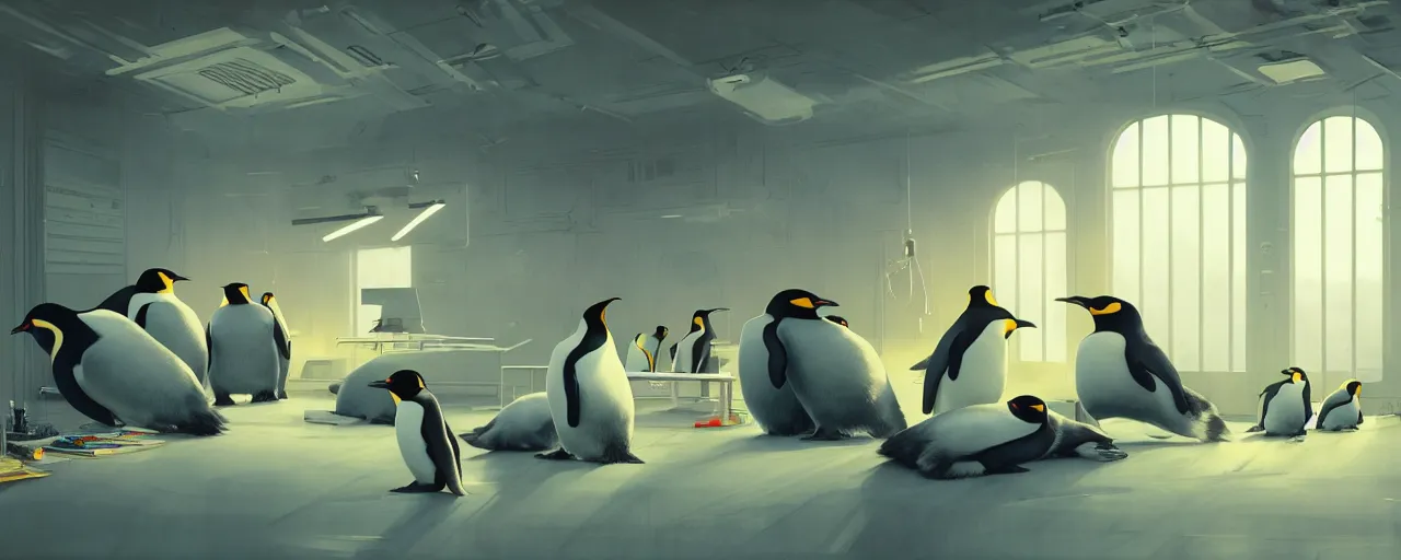 Image similar to duotone concept illustration of emperor penguins in modern computer room. cinematic scene. volumetric lighting. golden ratio accidental renaissance. by sachin teng and sergey kolesov and ruan jia and heng z. graffiti art, scifi, fantasy, hyper detailed. octane render. concept art. trending on artstation