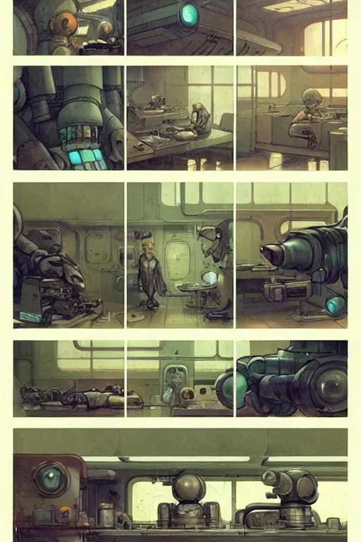 Prompt: graphic novel page layout ( ( ( ( ( 1 9 5 0 s retro future robot lab interior. muted colors. ) ) ) ) ) by jean - baptiste monge!!!!!!!!!!!!!!!!!!!!!!!!!!!!!!