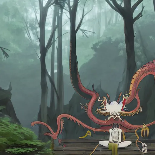 Image similar to concept art painting of an anthropomorphic dragon king with black robes, a long neck, and skull mask, in a deep forest, cel shaded, in the style of makoto shinkai and james gurney and studio ghibli and moebius