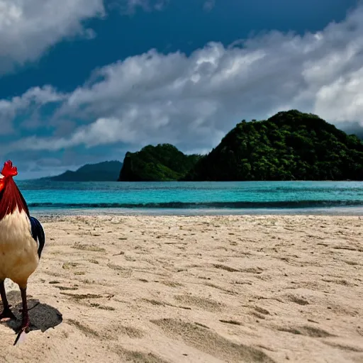 Image similar to a photograph of a rooster standing on a beautiful white sand Philippines beach