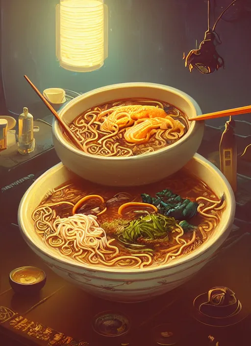 Image similar to highly detailed bowl of lucrative ramen, stephen bliss, unreal engine, fantasy art by greg rutkowski, loish, rhads and lois van baarle, ilya kuvshinov, rossdraws, tom bagshaw, alphonse mucha, global illumination, detailed and intricate environment