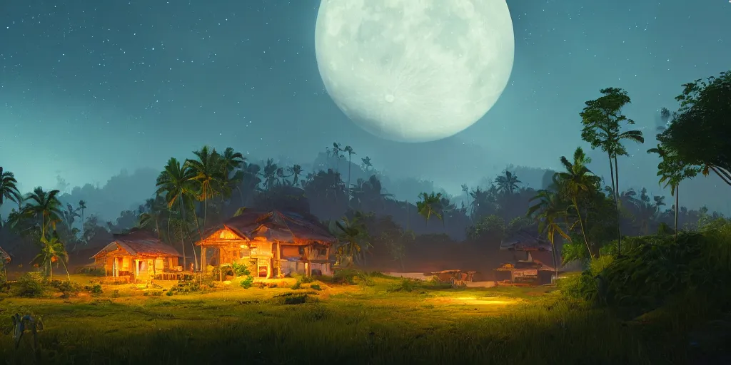 Image similar to Lively moonlit landscape of a kerala village, realistic detailed digital art by Maxwell Boas Jessica Rossier Christian Dimitrov Anton Fadeev trending on Artstation CGSociety rendered in Unreal Engine 4k HQ