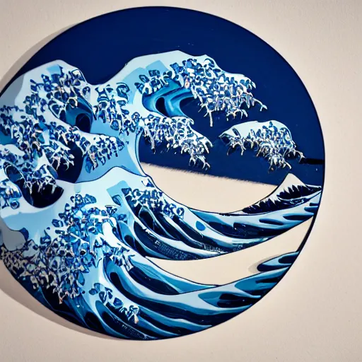 Image similar to a white and blue sculpture of The Great Wave off Kanagawa on a table