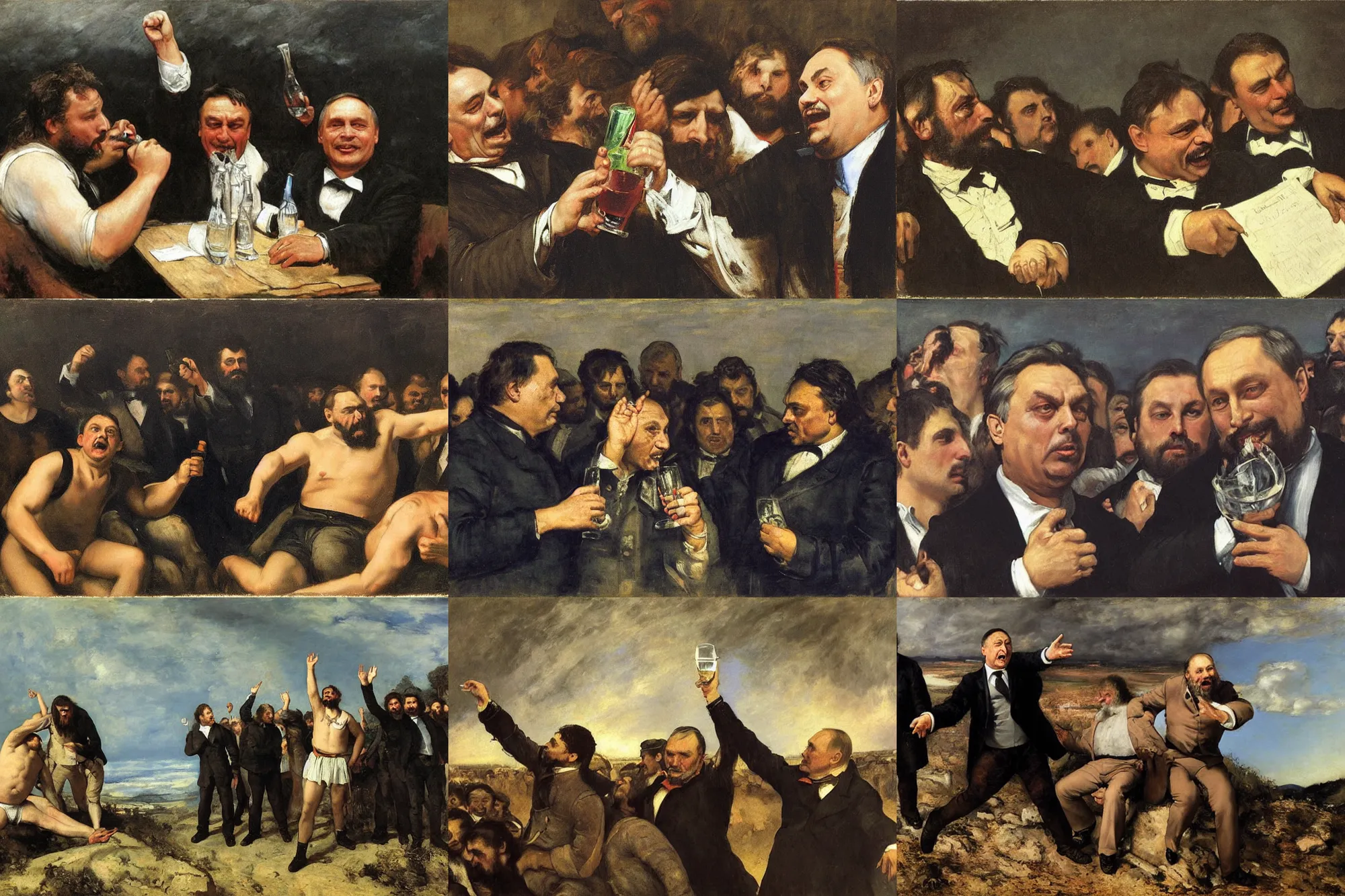 Prompt: viktor orban!!! and putin drinking and cheering at the apocalyse, by gustave courbet