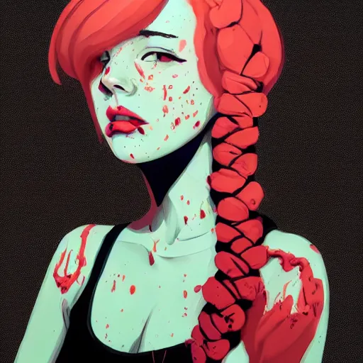 Image similar to Highly detailed portrait of pretty punk zombie young lady with, freckles and beautiful hair by Atey Ghailan, by Loish, by Bryan Lee O'Malley, by Cliff Chiang, inspired by image comics, inspired by graphic novel cover art, inspired by papergirls !! Gradient color scheme ((grafitti tag brick wall background)), trending on artstation