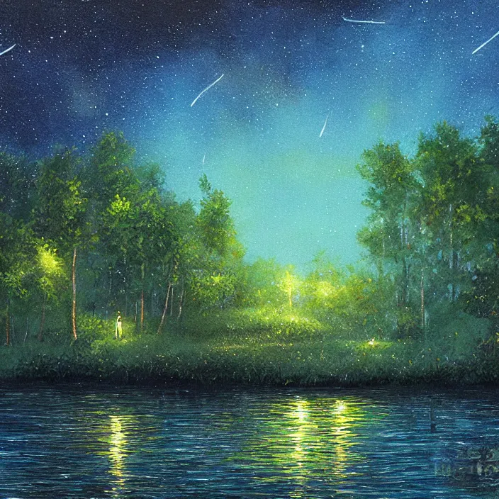 Image similar to lake trees night fireflies glowing above water digital painting concept art