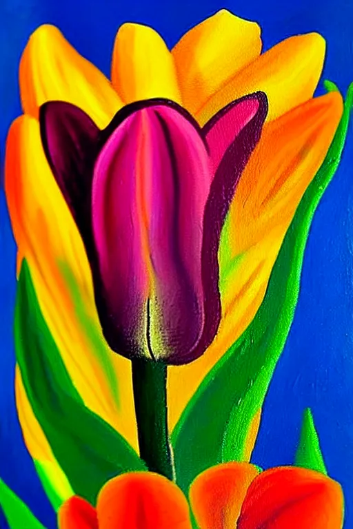 Image similar to a colorful painting of a side view of a tulip in with roots going deep into the ground in the stale of frida kahlo with the colors of mexico