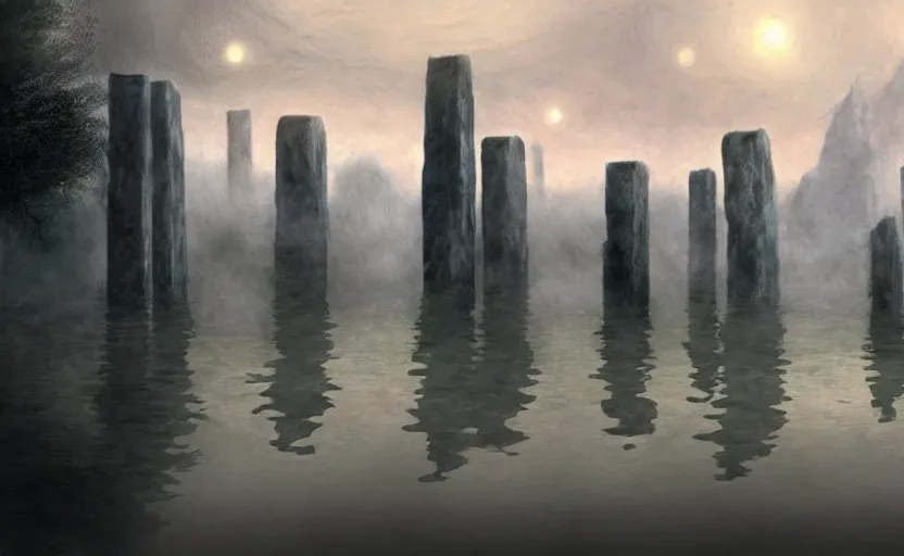 Image similar to a realistic and atmospheric cell - shaded concept art from howl's moving castle ( 2 0 0 4 ) of a futurist sci - fi city that looks like stonehenge in a flooded rainforest. it is a misty starry night. very dull muted colors, hd, 4 k, hq