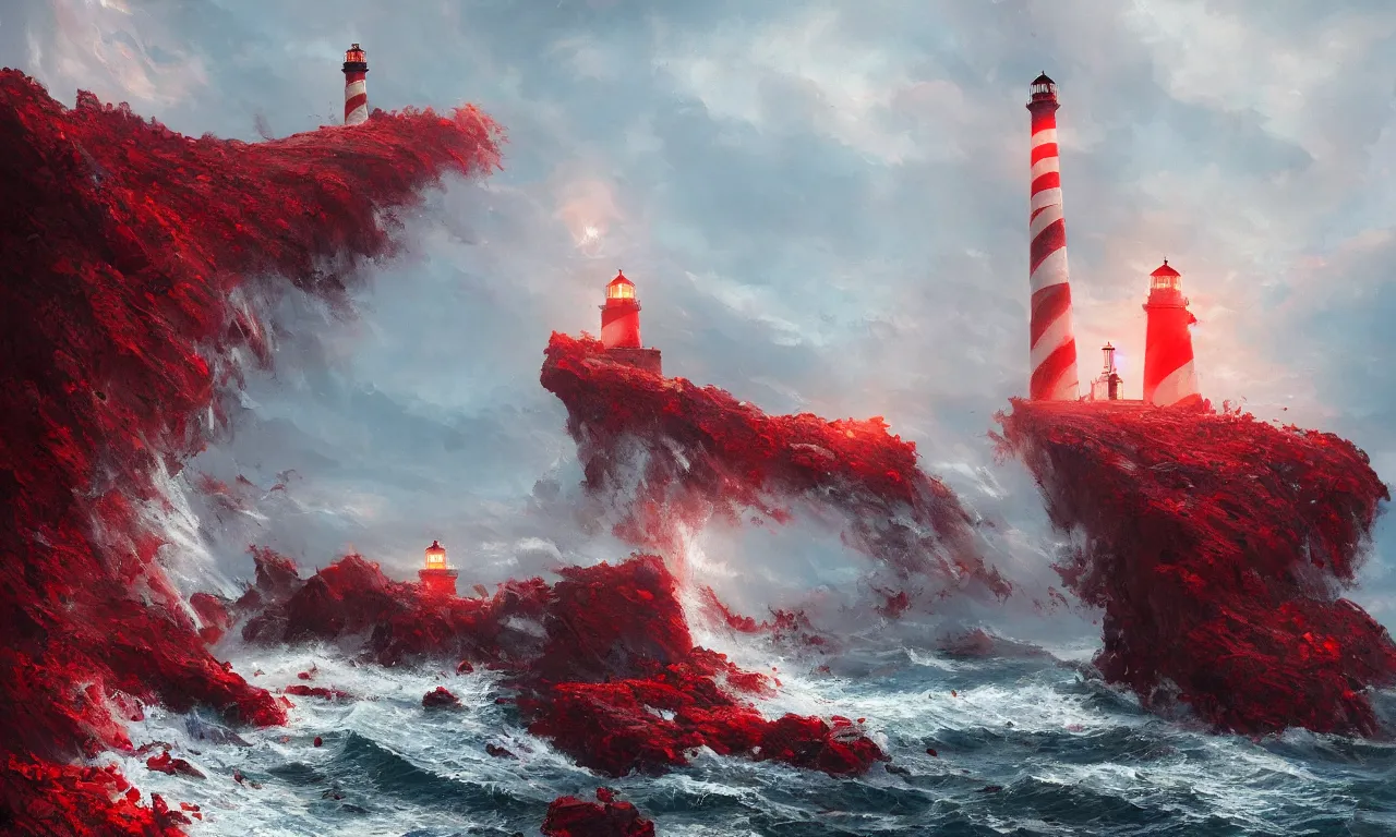 Prompt: a beautiful painting of a lighthouse surrounded by a violent tumultuous sea of red blood by John Blanche and Greg Rutkowski, trending on Artstation, midjourney n-6