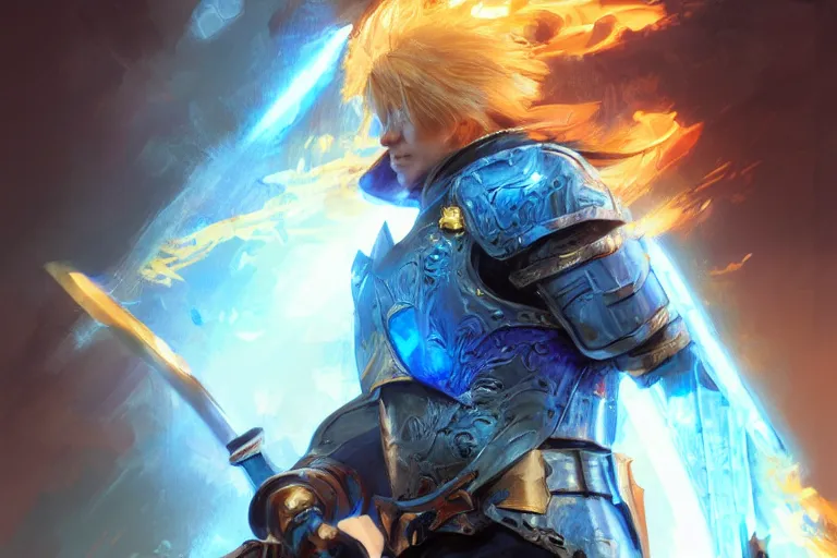 Image similar to closeup portrait of a blonde man in a blue suit with piercing armor with his sword, d & d, heartstone, digital painting, volumetric light, intricate, sharp, focus, bloom, illustration, highly detailed, concept art, matte, ruan jia, randy vargas, greg rutkowski