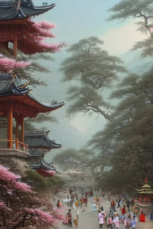 Image similar to a street in a ancient chinese characteristics. it has a high degree of fantasy. cherry blossom forest, there are pavilions in the air, koi jumping in the air, and fairy birds and animals such as cranes and deer coexist with people. it is the life scene of the ancient people, a detailed matte painting by christophe vacher and albert bierstadt