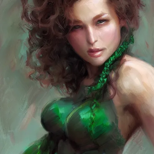 Prompt: a mascular woman with emerald green eyes, and green hair that naturally curls up on the ends, bodybuilder woman, by daniel gerhartz, digital art, artstation