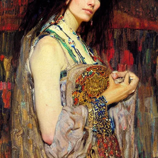 Image similar to Richard Schmid and Jeremy Lipking and Gustav Klimt portrait painting of a young beautiful woman priestess victorian orientalist in elaborate costume