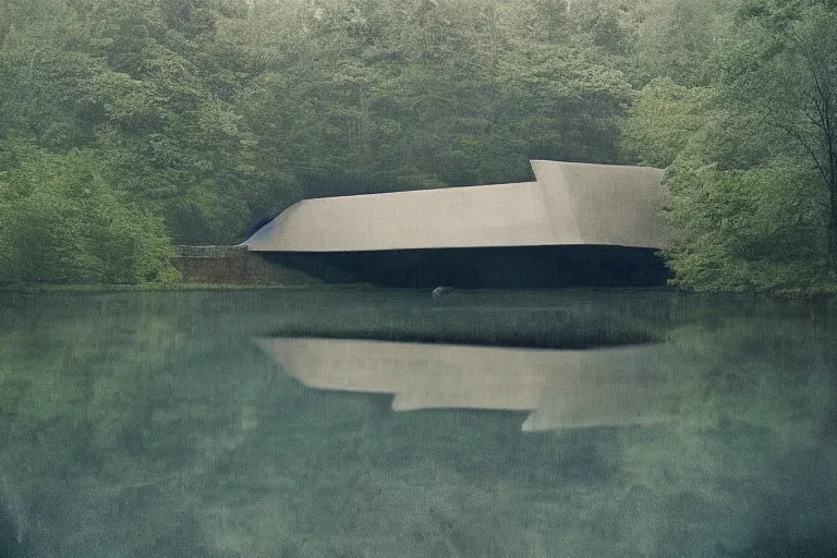 Prompt: an brutalist spaceship forming from a lake surrounded by trees, serene vast landscape, rainy day, beautiful lighting, high depth, ultra realistic, artistic, by annie leibovitz