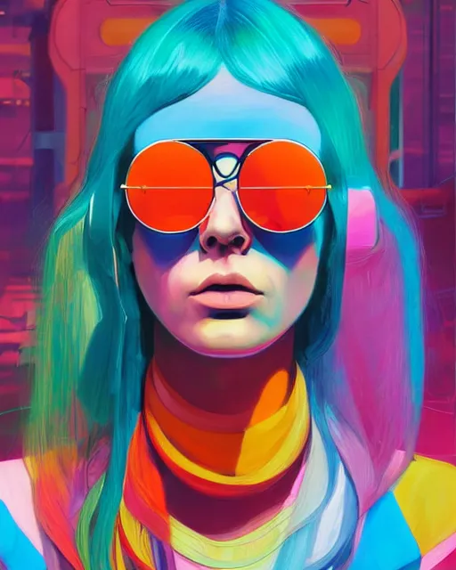 Prompt: colorful portrait of a female hippie with round sunglasses and cybernetics, set in the future 2 1 5 0 | highly detailed | very intricate | symmetrical | professional model | cinematic lighting | award - winning | painted by mandy jurgens and ross tran | pan futurism, dystopian, bold psychedelic colors, cyberpunk, groovy vibe, anime aesthestic | featured on artstation