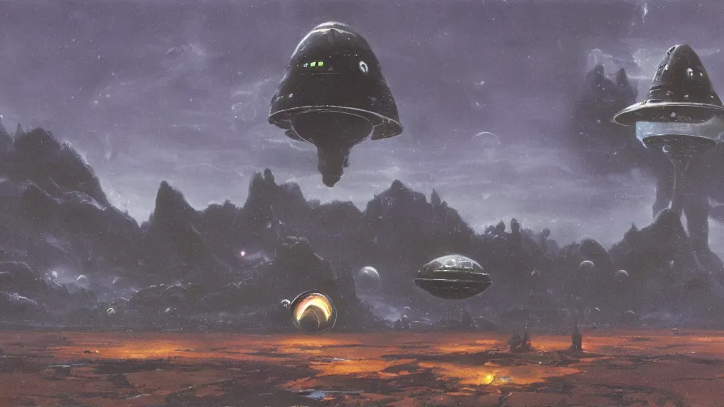 Image similar to eerie atmospheric alien planet with a small dropship pod landing by paul lehr and jack gaughan and john schoenherr, epic cinematic matte painting