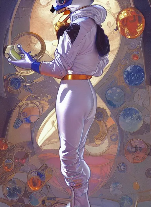 Image similar to Donald Duck as an astronaut, woman, fantasy, intricate, elegant, highly detailed, centered, digital painting, artstation, concept art, smooth, sharp focus, illustration, art by artgerm and donato giancola and alphonse mucha