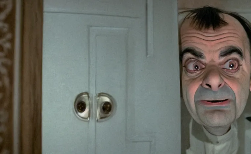 Prompt: The Shining starring mr bean as jack