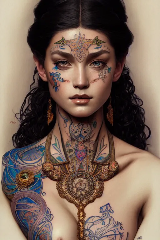 Image similar to body portrait of beautiful annubian tribal tattooed young pincess, intricate, elegant, highly detailed, digital painting, artstation, concept art, smooth, sharp focus, illustration, art by artgerm and greg rutkowski and alphonse mucha, 8 k