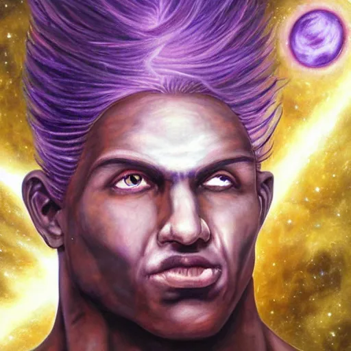 Image similar to detailed realistic painting of a man with well defined muscles made of purple space dust wielding a dark purple cosmic orb in each hand, planetary rings orbit his wrists and he has long flowing purple hair obscuring his face made of deep purple stardust, bright white lens flare peeking through his hair where his eye would be, staring at viewer