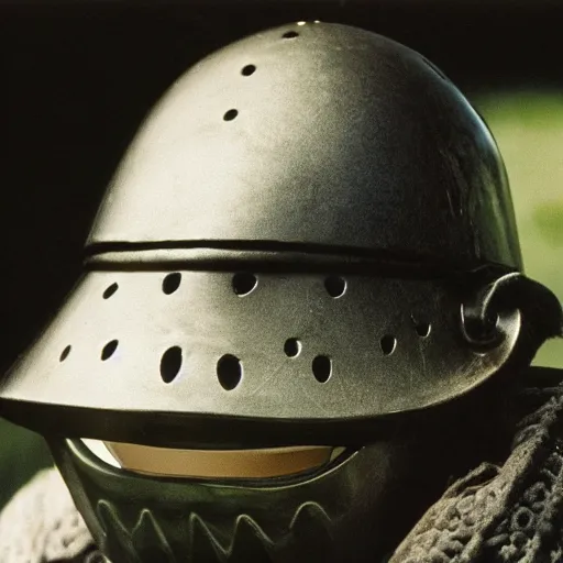 Image similar to a knight wearing a frog helmet, film still, arriflex 3 5