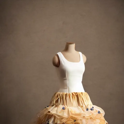 Image similar to a beautiful dress made out of apple pie, on a mannequin. high quality, high resolution, studio lighting