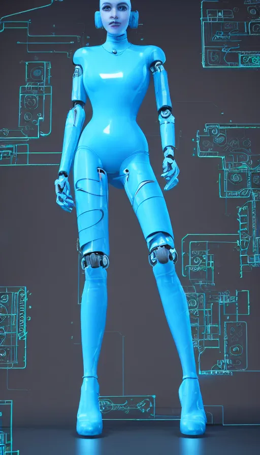 Image similar to a beautiful female robot human hybrid wearing a blue latex jumpsuit, circuitry glowing through the suit like tron, face, torso, legs, feet, full body epic angle, octane render, photo realistic, hyper realistic, 8 k resolution in the style of alvin schwartz
