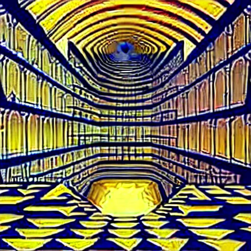 Prompt: inside a very large room with many staircases, insanely Intricate, exquisitely ornate, art by Maurits Cornelis Escher and Victor Vasarely and Rob Gonsalves