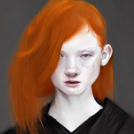 Prompt: studio portrait, a short pale ginger girl with freckles, ginger hair is middle parted, scowling, wearing a black robe, trending on art station, by wlop