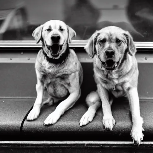 Image similar to a photo of two dogs sitting in front of the bus, hd award winning photograph, high detailed, 2001 style