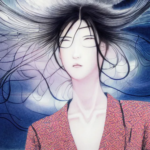 Image similar to yoshitaka amano blurred and dreamy realistic illustration of a young japanese woman with black eyes, wavy white hair fluttering in the wind wearing dress suit with tie, junji ito abstract patterns in the background, satoshi kon anime, noisy film grain effect, highly detailed, renaissance oil painting, weird portrait angle, blurred lost edges, three quarter view