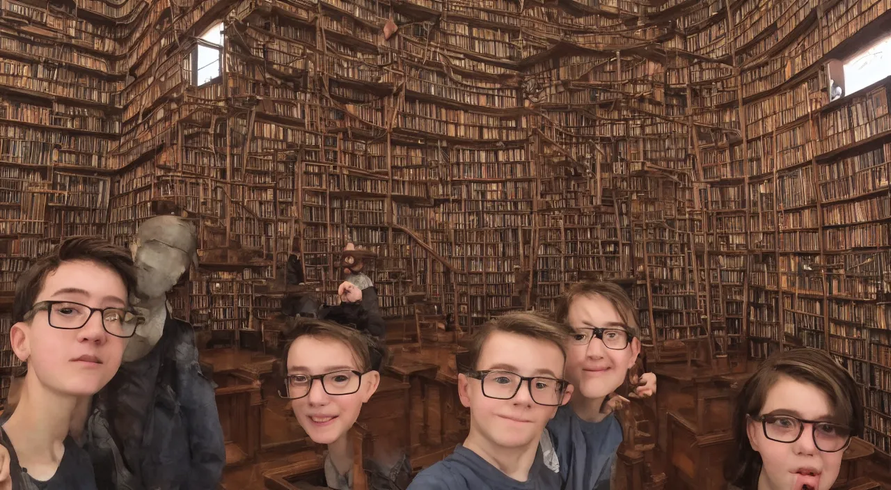 Prompt: A boy and a girl with glasses are taking a selfie in a big ancient library,trending on artstation