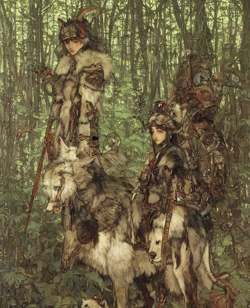 Image similar to portrait of Princess Mononoke, wolves, fully clothed in armor, lush forest, neon, concept art, schematics, painted by norman rockwell, mucha, james gurney, high detail, denoised, sharp, architectural