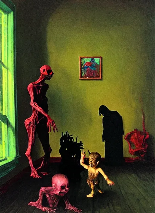 Image similar to two dark figures laughing and a glowing child inside a decayed contemporary living room with large tree in the style of Francis Bacon and Zdzislaw Beksinski, Edward Hopper and Norman Rockwell, highly detailed, very coherent, triadic color scheme