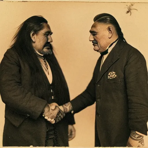 Image similar to a tattooed maori dignitary shakes hands with a 2 0 th century english caucasian industrialist, colorized 1 9 0 4 photo, kodak camera, historical event, credit the national archives of the united kingdom