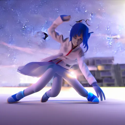 Prompt: hd 3d render of anime style teenager girl doing moonwalk with dynamic lighting, blue tint
