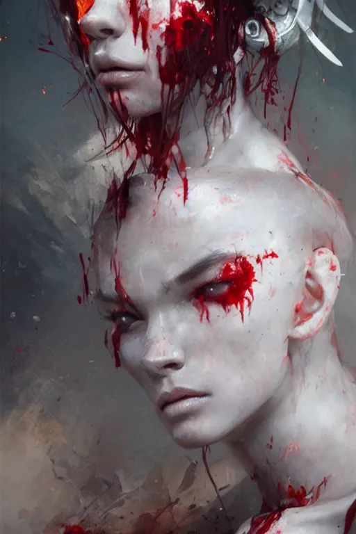 Image similar to abstract face closeup of beautiful girl predator covered with blood, white horns, 3 d render, hyper realistic detailed portrait, holding magic flowers, ruan jia, wlop. scifi, fantasy, hyper detailed, octane render, concept art, by peter mohrbacher, by wlop, by ruan jia