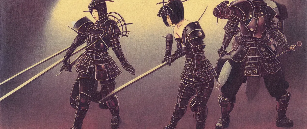 Prompt: japanese schoolgirl in cyber armor runs away from samurai with a katana on the subway, gothic and futuristic, warhammer, cyber japan armor, more scars, thunderstorm, the middle ages, highly detailed, artstation, moebius, jugendstil and classic japanese print, art rene magritte and jean delville