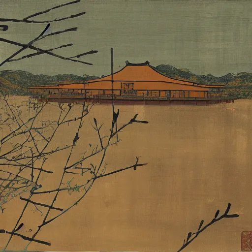 Prompt: a chinese prison near a river by peter doig : : 1 0 and ukiyo - e : : 1, muted colors