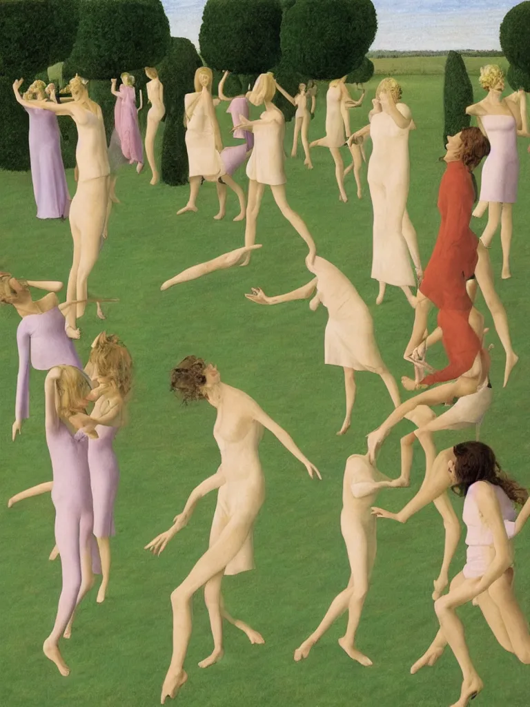 Image similar to A stylish group of disco dancers, dancing outside in a lush green field, pastel colors, long shadows. Painting by Alex Colville, Piero della Francesca