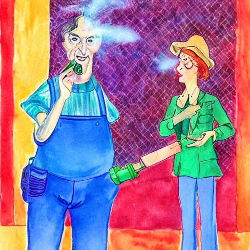 Prompt: robber holding water gun to poor ladies head, magical, water color painting, pastelle colors, by roald dahl