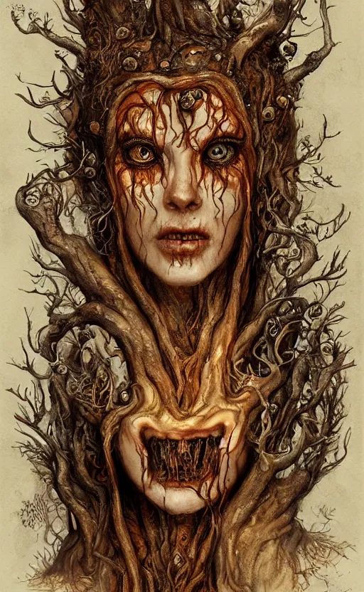 Image similar to portrait of a rotten tree spirit dryad with a beautiful face and flaming mouth and eyes, intricate, headshot, mushrooms, fungi, lichen, sketch lines, graphite texture, old parchment, guillermo del toro concept art, justin gerard monsters, intricate ink illustration, artstation