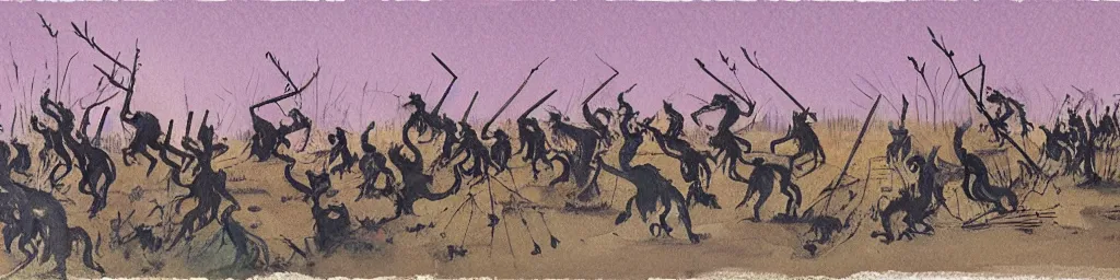 Prompt: battle scene with army of long - eared monkey - crow creatures with pitchforks and shakos | tonalist, art nouveau, inks, illustrative, modeled lighting, vibrant colors, watercolor wash, quinacridone magenta, chiaroscuro, grisaille, mud, high contrast, backlighting, dust, golden hour