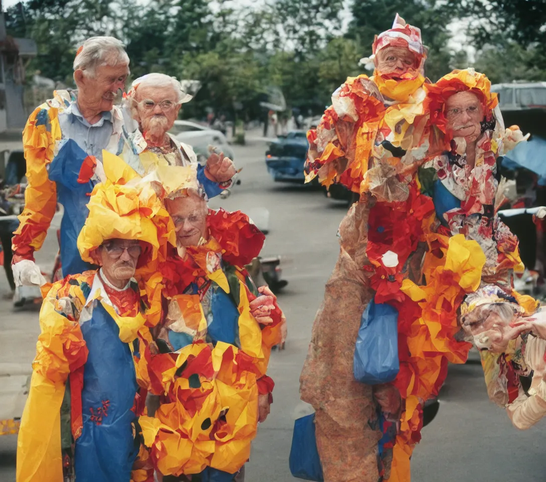 Prompt: a martin parr photo of a grandpa couple, wearing weird trash costumes, fujifilm velvia 5 0