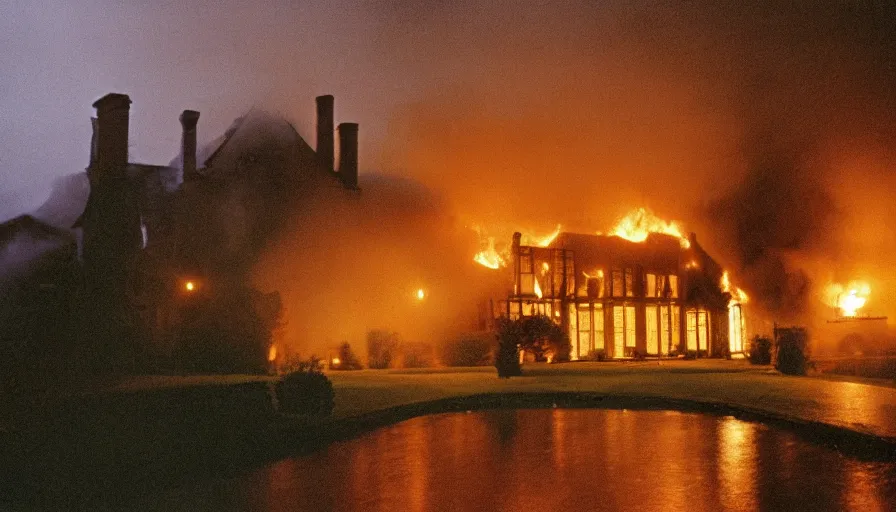 Prompt: 1 9 7 0 s movie still of a heavy burning french style manor in a small french village by night, rainy, foggy, cinestill 8 0 0 t 3 5 mm, heavy grain, high quality, high detail, dramatic light, anamorphic, flares