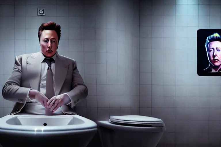 Image similar to hyperrealism aesthetic ridley scott and denis villeneuve style photography of a detailed hyperrealism elon musk, siting on a detailed hyperrealism toilet and scrolling his detailed smartphone in hyperrealism scene from detailed art house movie in style of alejandro jodorowsky and wes anderson volumetric ambient light