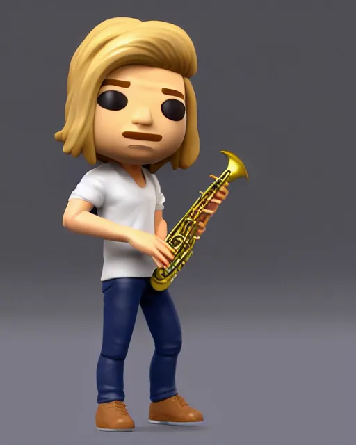 Image similar to full body 3d render of blond hippie man playing sax as a funko pop!, studio lighting, grey background, single body, no shadow, blender, trending on artstation, 8k, highly detailed